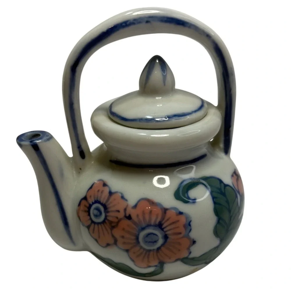 Ben Rickert Miniature Ceramic Floral Teapot Hand Painted Blue Pink White Vintage
